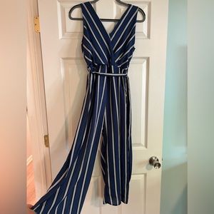 Blue and white striped jumpsuit; size S